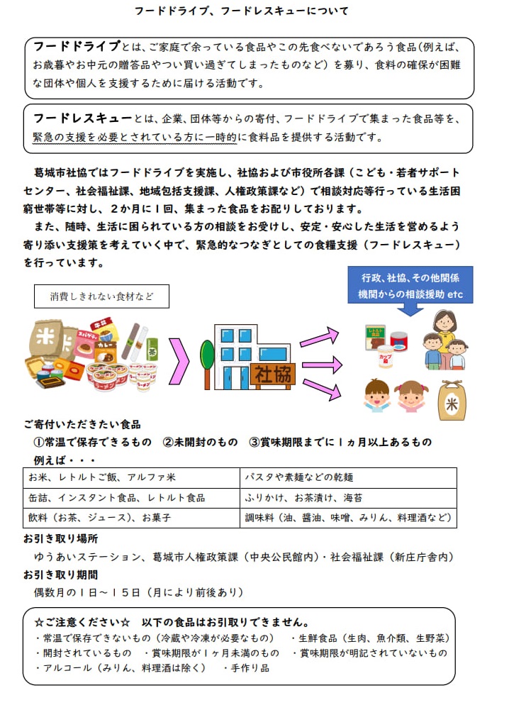 フードドライブ事業の説明
フードドライブとは、ご家庭であまっている食品やこの先食べないであろう食品を募り、食料の確保が困難な団体や個人を支援するために届ける活動です。